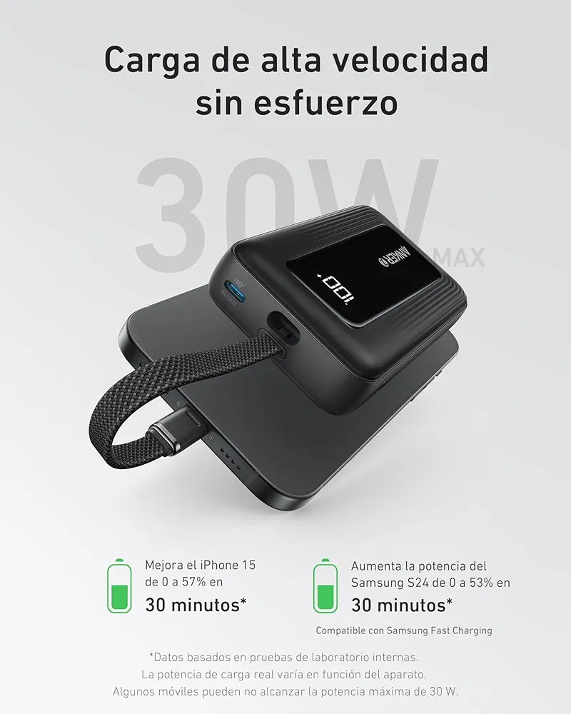 Anker powerbank 10.000 mAh 30W con cable USB C integrado , carga rápida PD