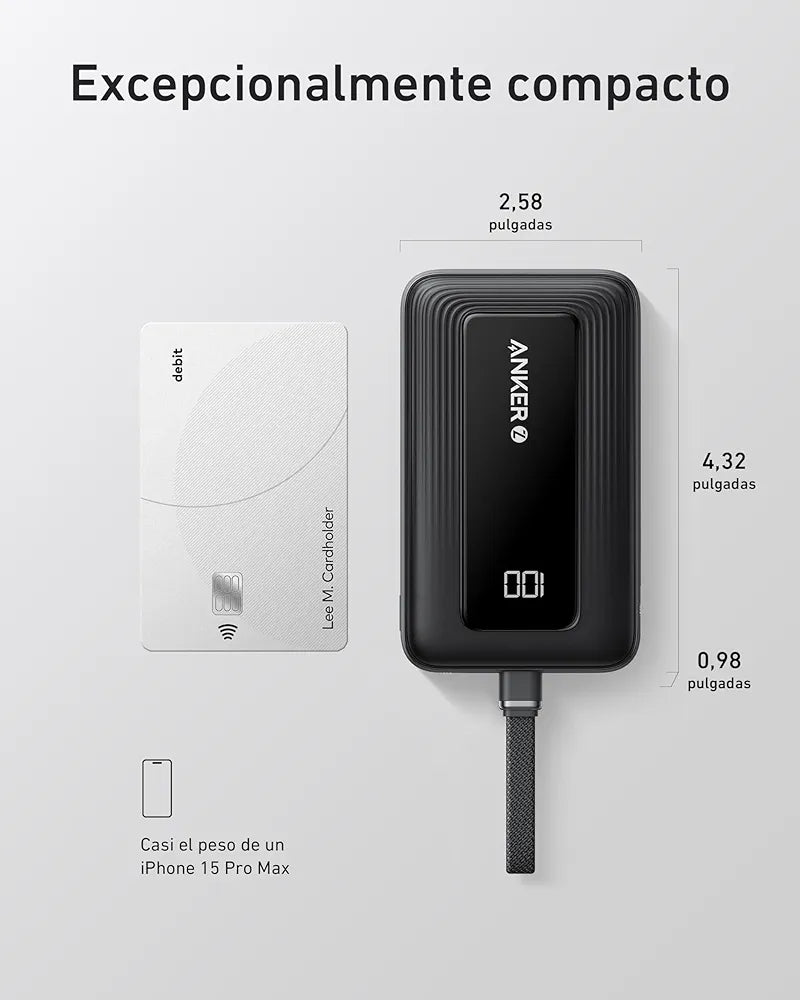 Anker powerbank 10.000 mAh 30W con cable USB C integrado , carga rápida PD