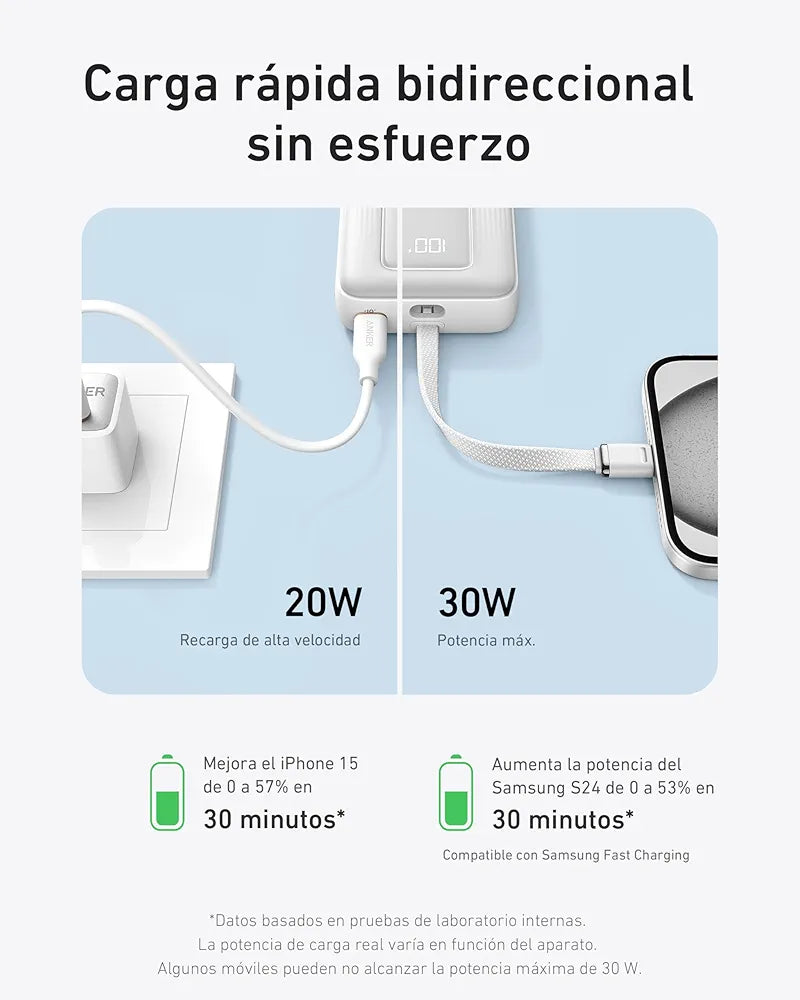 Anker powerbank 10.000 mAh 30W con cable USB C integrado , carga rápida PD