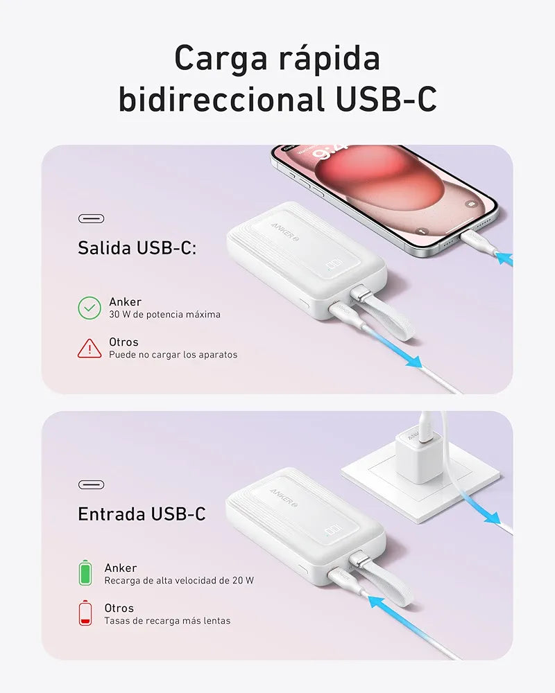 Anker powerbank 10.000 mAh 30W con cable USB C integrado , carga rápida PD