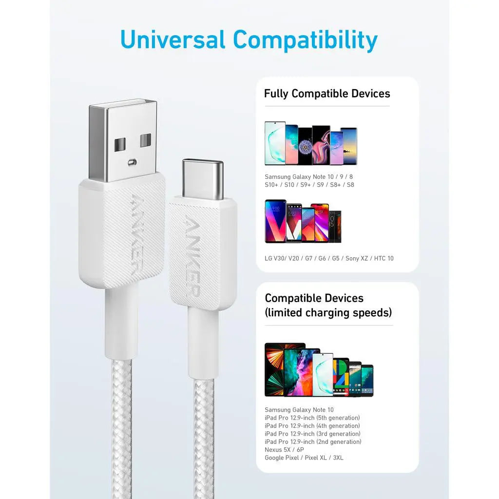 Anker 322 USB-A to USB-C Cable 6ft Braided White | A81H6H21