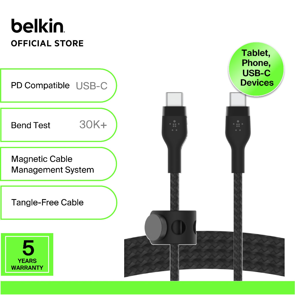 Cable Belkin Pro Flex USB-C a USB-C 60W 3m Negro | CAB011bt3MBK